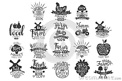 Vector set of textured monochrome labels for farm market. Green garden. Emblem for organic food store. Natural products Vector Illustration