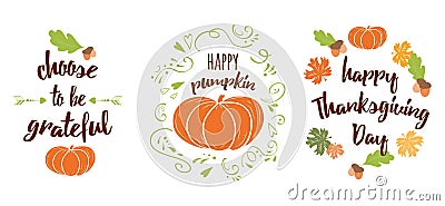 Vector set of thanksgiving wishes lettering cards design with pumpkin, leaf, oak, maple, quotes Stock Photo