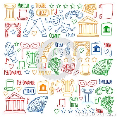 Vector set with theatre icons. Entertainment, show, musical perfomance Vector Illustration