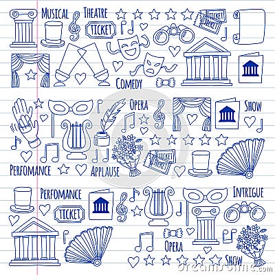 Vector set with theatre icons. Entertainment, show, musical perfomance Vector Illustration