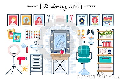 Vector set on the theme of fashion and beauty. Flat cartoon symbols of hairdressing salon. Doodles for use in design Stock Photo