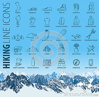 Vector set of thin line hiking camping travel Icons with seamless mountains Vector Illustration