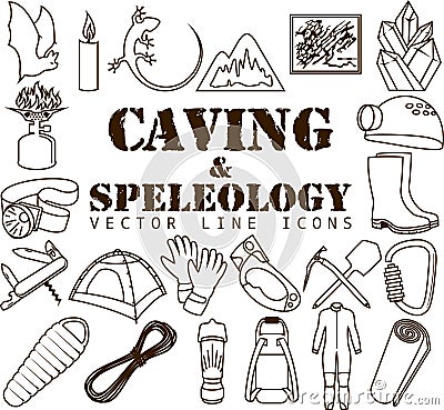 Vector set of Thin line Icons - Caving and speleo travel gear equipment Vector Illustration