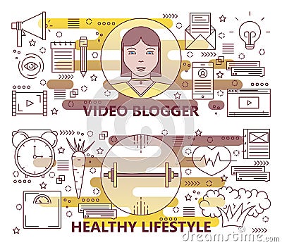 Vector set of thin line Video blogger, Healthy lifestyle banners Vector Illustration