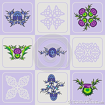 Vector set of a thistle flowers and Celtic knots Vector Illustration