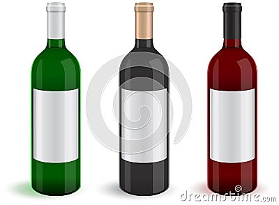 Vector set of three realistic wine bottles. Vector Illustration