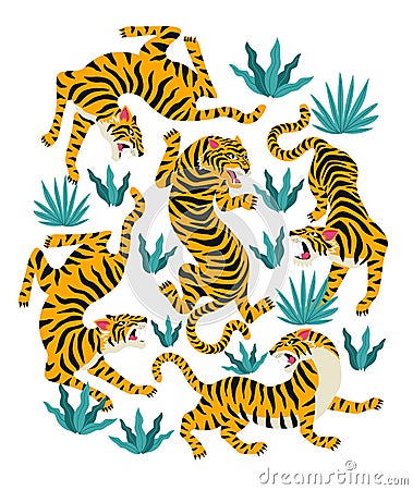 Vector set of tigers and tropical leaves. Trendy illustration. Vector Illustration