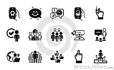 Vector set of Time management, People chatting and Touchscreen gesture icons simple set. Vector Vector Illustration