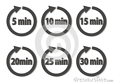 Vector set of timer icons. Different time interval icons. Six vector icon with minutes Vector Illustration