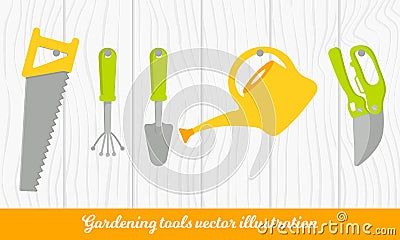 Vector set of tools for gardening. Gardening collection on wood texture. Cartoon style. Vector Illustration