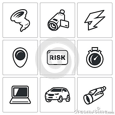 Vector Set of Tornado Icons. Vortex, Video camera, Thunderstorm, Location, Risk, Speed, Computer, Machine, Binocular. Vector Illustration