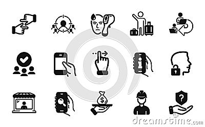 Vector set of Touchscreen gesture, Airport transfer and Foreman icons simple set. Vector Vector Illustration