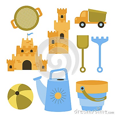 Vector set of toys for playing in the sandbox. Sand castles, dump truck, sieve, bouncy balls for the sea. Baby bucket Vector Illustration