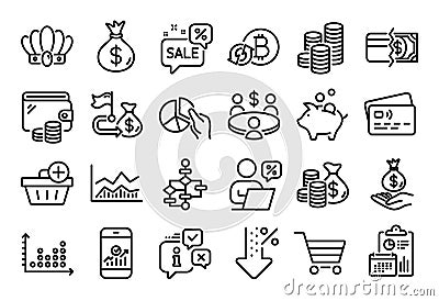 Vector set of Trade infochart, Discounts bubble and Money bag line icons set. Vector Vector Illustration