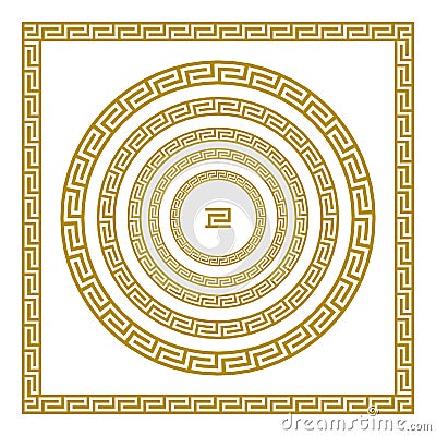 Vector set Traditional vintage golden square and round Greek ornament Meander border greece gold Vector Illustration