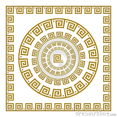 Vector set Traditional vintage golden square and round Greek ornament Meander and floral pattern on a black background Stock Photo