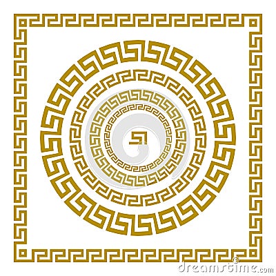 Vector set Traditional vintage golden square and round Greek ornament Meander and floral pattern on a black background Vector Illustration
