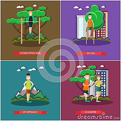 Vector set of training outside posters, banners in flat style Vector Illustration