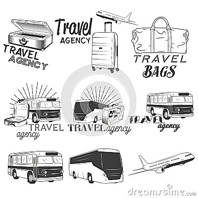 Vector set of travel and transportation labels in vintage style. Bus company, plane, bags illustration. Design elements Vector Illustration