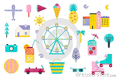 Vector set of traveling, vacations, summer, holidays flat icons. tourism and journey objects, beach party, amusement Vector Illustration