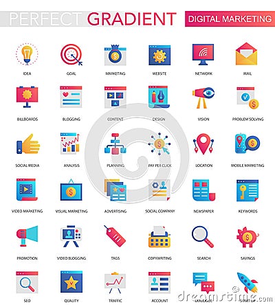 Vector set of trendy flat gradient Digital internet social media marketing icons. Vector Illustration