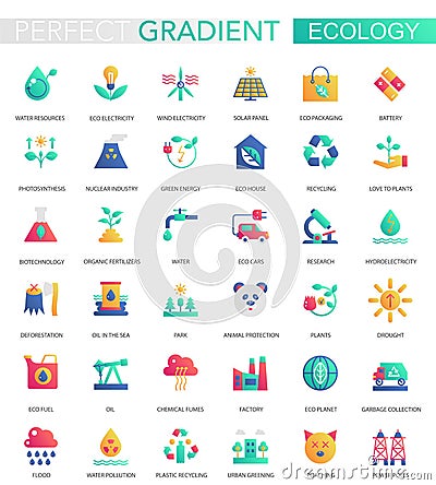 Vector set of trendy flat gradient Ecology and green energy icons. Vector Illustration