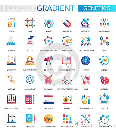 Vector set of trendy flat gradient genetics and biochemistry icons. Vector Illustration