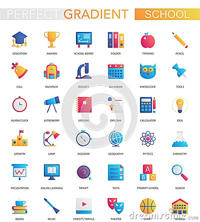 Vector set of trendy flat gradient School education icons. Vector Illustration