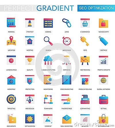 Vector set of trendy flat gradient SEO optimization icons. Vector Illustration