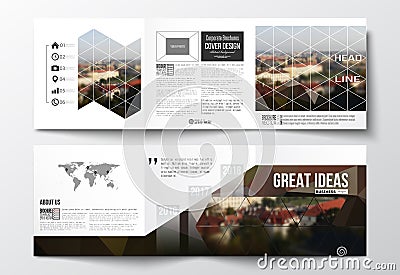 Vector set of tri-fold brochures, square design templates. Polygonal background, blurred image, urban landscape, Prague Vector Illustration