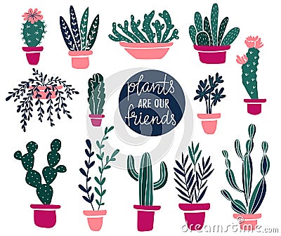 Vector set of tropical house plants in scandinavian style with text - Plants are our friends. Vector Illustration