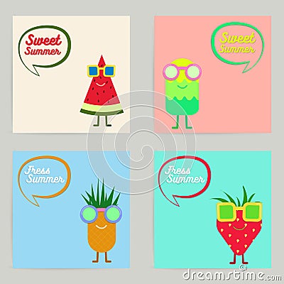 Vector Set of Tropical Summer Fruit Character Card Collection. Summer sale background for poster, flyer, brochure, voucher, bann Stock Photo