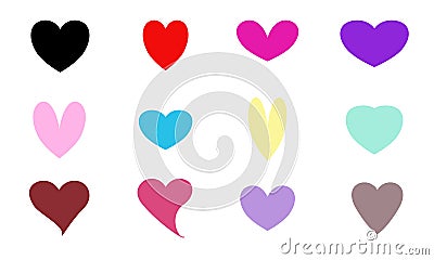 Vector set of twelve hearts in colorful patterns and different shapes. Vector Illustration