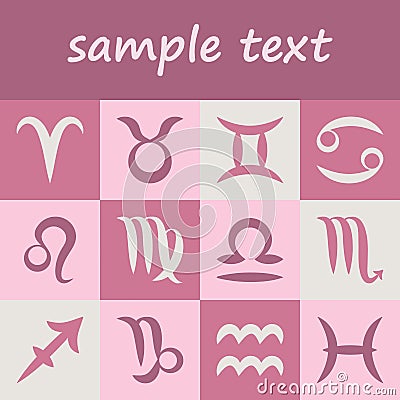 Vector set of twelve simple zodiac symbols - horoscope signs on old pink background Vector Illustration
