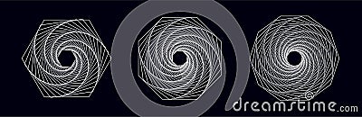 Vector set of twisted geometry figures. Spirals fractal element. Sacred geometry with lines in the form hexagon, octagon, decagon Vector Illustration