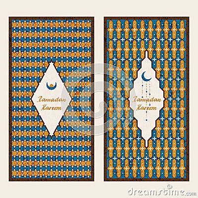 Vector set with two cards with traditional arabic pattern and hand drawn words Ramadan Kareem and a moon Vector Illustration