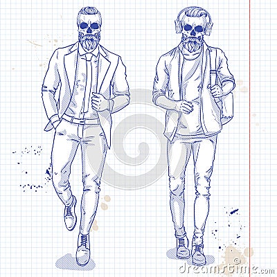 Vector set of two men with skull, beard, moustache Vector Illustration