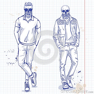 Vector set of two men with skull, beard Vector Illustration