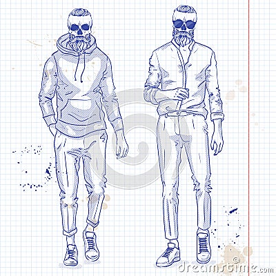 Vector set of two men with skull, beard Vector Illustration