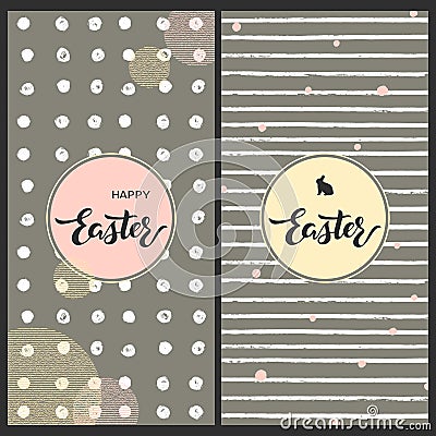 Vector set with two pretty easter postcards with geometric textures hand drawn words happy easter and rabbit in a circle frame Vector Illustration