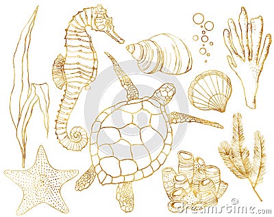 Vector set with underwater animals and coral reef plants. Hand painted golden turtle, seahorse, laminaria, coral and Vector Illustration