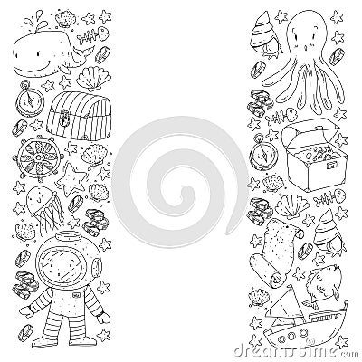 Vector set with underwater diving icons and pirate elements. Treasure chest, ship, octopus, diver. Little boys and Vector Illustration
