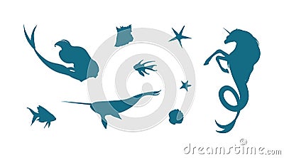 Vector set with underwater fantastic creatures illustration. Blue silhouette of undersea unicorn, mermaid and narwhal. Marine life Vector Illustration