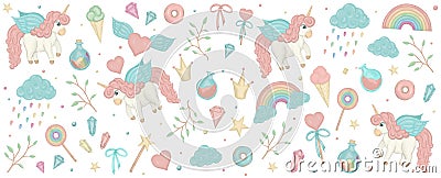 Vector set with unicorn cliparts. Horizontal banner with cute rainbow, crown, star, cloud, crystals for social media. Sweet Vector Illustration