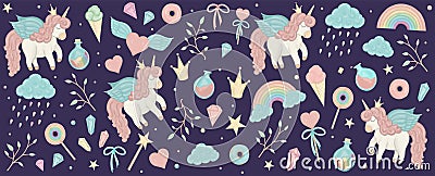 Vector set with unicorn cliparts. Horizontal banner with cute rainbow, crown, star, cloud, crystals for social media. Sweet Vector Illustration