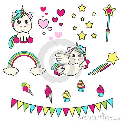 Vector set of unicorn, hearts, stars, magic wand, delicious and flags for decoration room for birthday party. Vector Illustration