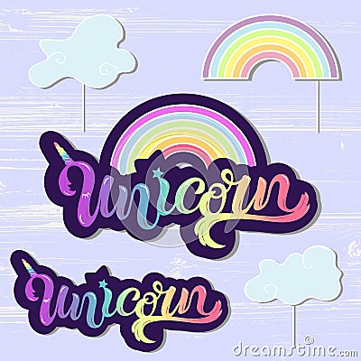 Vector set with Unicorn, Rainbow, Handwritten lettering Unicorn Vector Illustration