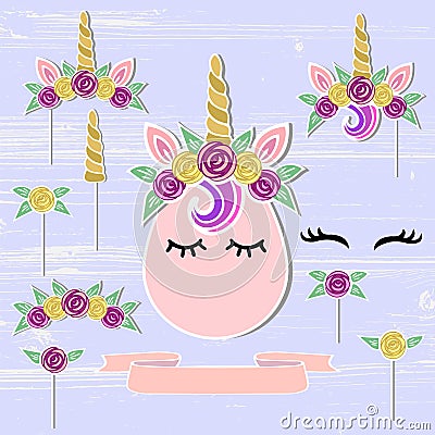 Vector set with Unicorn, Tiara, Horn, flower wreath. Stock Photo