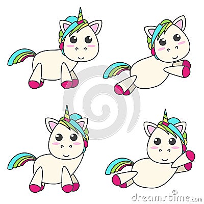 Vector set of unicorns in four different poses. Vector Illustration