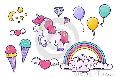 Unicorn and fairy elements isolated on white Vector Illustration